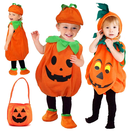 Kids Halloween Pumpkin Cosplay Costume for Toddler Boys Girls Stage Role Play Costumes Fancy Dress Tops+Hat Party Clothing Set - www.sixcolors.us