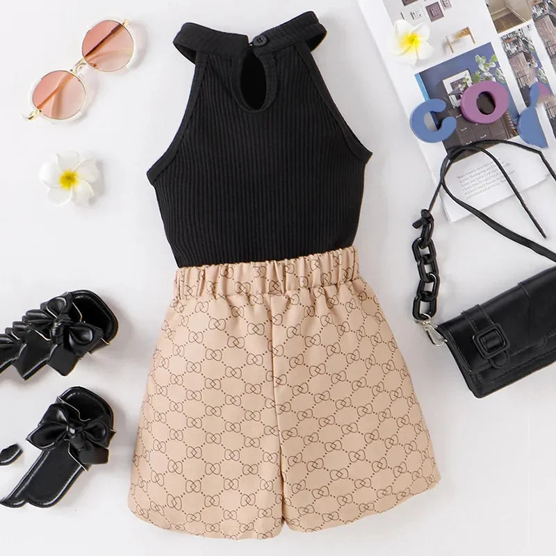 Summer Baby Girl Clothes Halterneck Top Button s Shorts 2023 New Toddler 4-7 Year Old 2 Piece Sets Kids