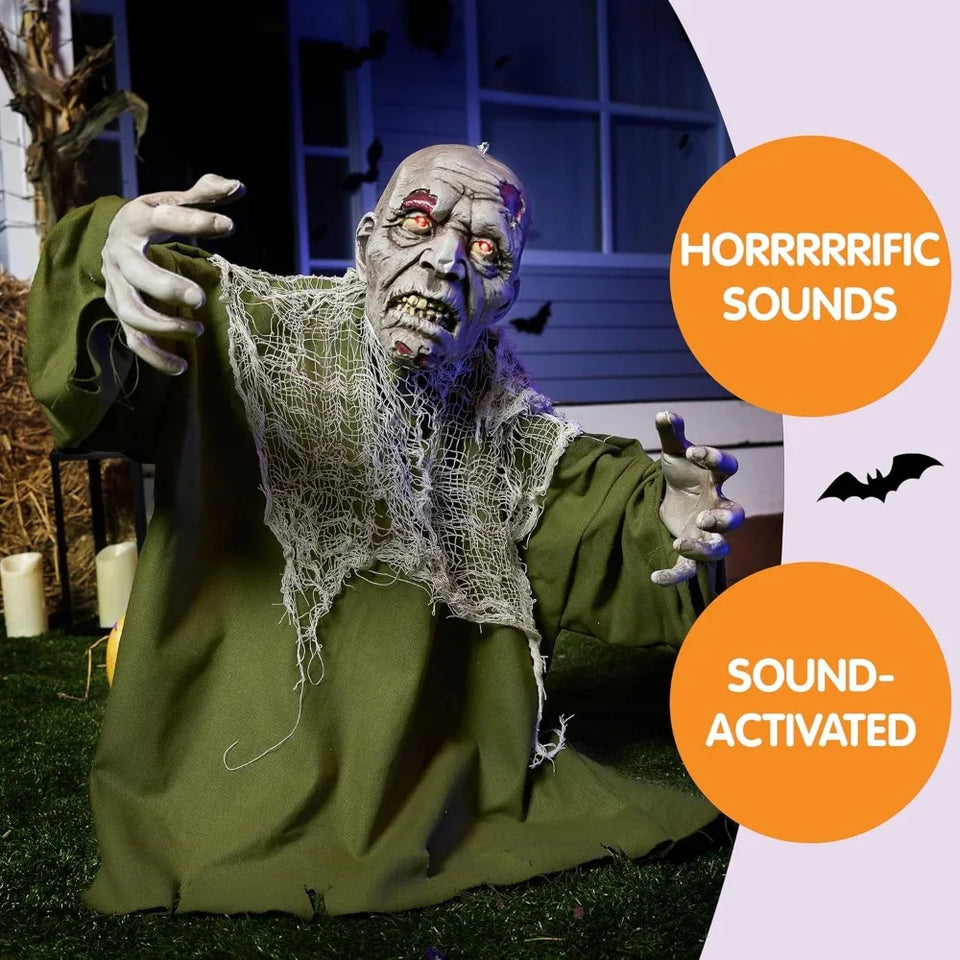 Halloween Animated Zombie Groundbreaker with Light Up Eyes Creepy Animatronic Decorations with Movable Arms for Halloween - www.sixcolors.us