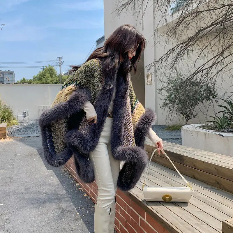 Vintage Fashion warm Faux Rex Rabbit Fur Cape Shawl Long Knit Poncho Coat Wraps Fur Pashmina Cloak Women Winter New Capes Q403