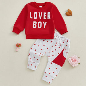 Baby Boy Valentine’s Day Outfits Long Sleeve Sweatshirt Heart Print Pants Set Toddler Clothes