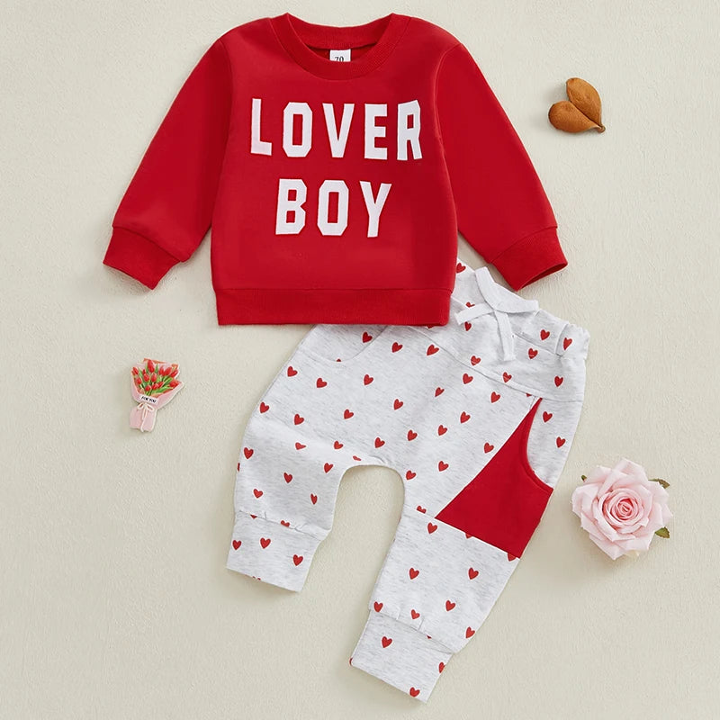 Baby Boy Valentine’s Day Outfits Long Sleeve Sweatshirt Heart Print Pants Set Toddler Clothes