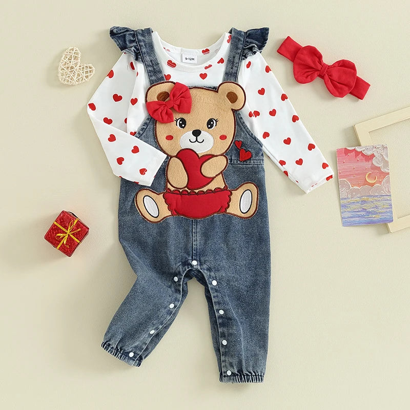 Baby Girl Valentine s Day Clothes Heart Print Long Sleeve Romper with Bear Embroidery Denim Overalls Pants Headband