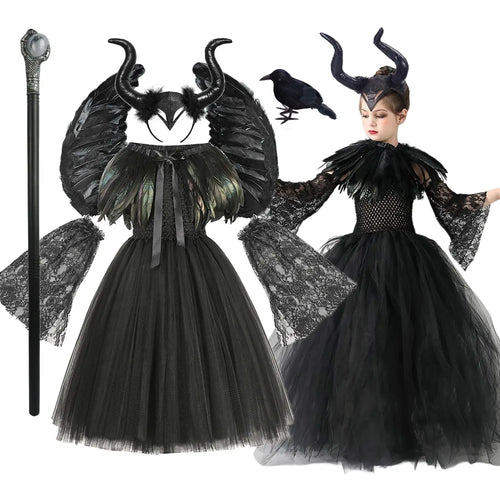 Maleficent Cosplay Gothic Black Tutu Dress with Horn Headband and Wings Girls Halloween Misstress of Evil Villain Costume 2-10Y - www.sixcolors.us