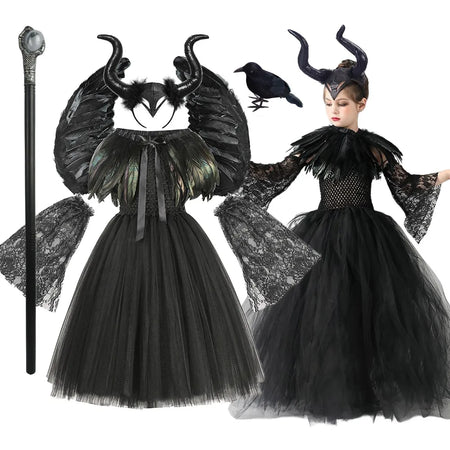 Maleficent Cosplay Gothic Black Tutu Dress with Horn Headband and Wings Girls Halloween Misstress of Evil Villain Costume 2-10Y - www.sixcolors.us