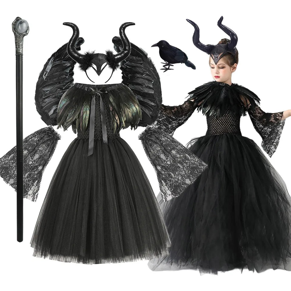 Maleficent Cosplay Gothic Black Tutu Dress with Horn Headband and Wings Girls Halloween Misstress of Evil Villain Costume 2-10Y - www.sixcolors.us