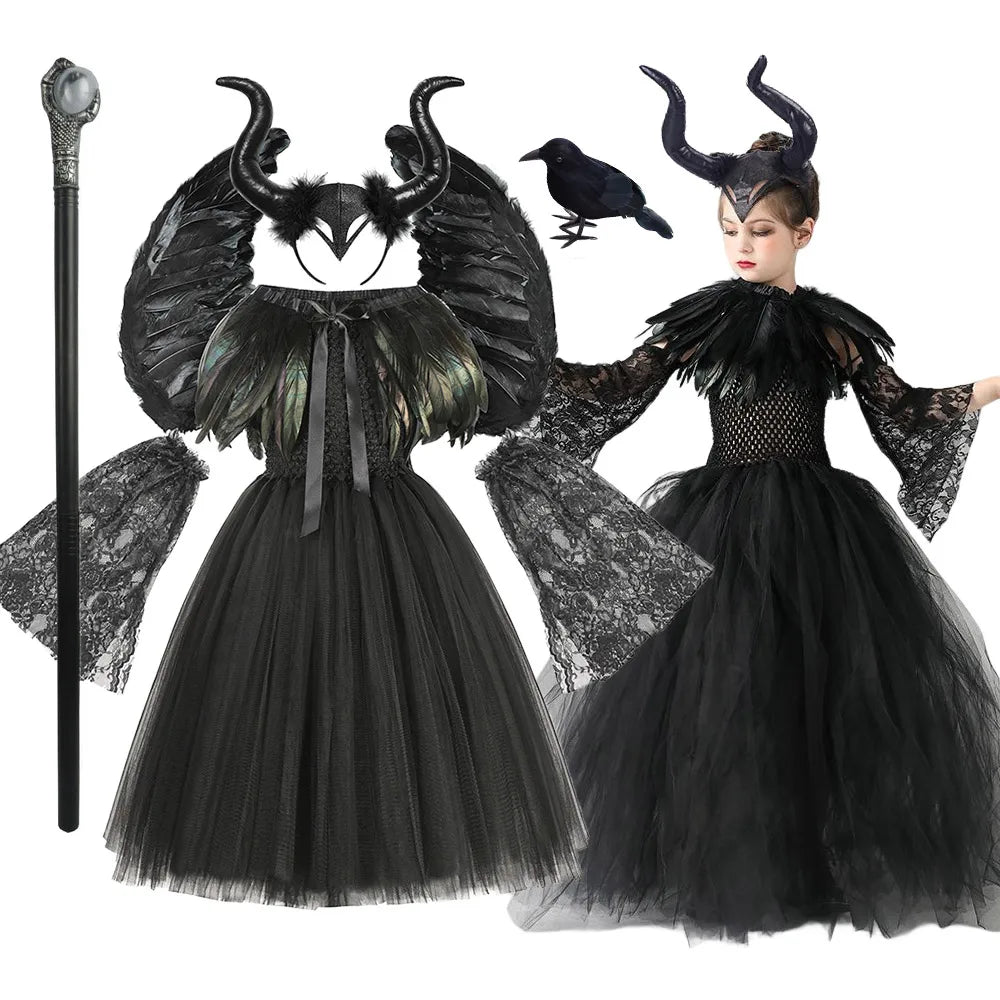 Maleficent Cosplay Gothic Black Tutu Dress with Horn Headband and Wings Girls Halloween Misstress of Evil Villain Costume 2-10Y - www.sixcolors.us
