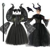 Maleficent Cosplay Gothic Black Tutu Dress with Horn Headband and Wings Girls Halloween Misstress of Evil Villain Costume 2-10Y - www.sixcolors.us