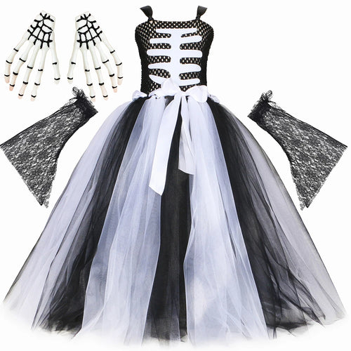 Halloween Skeleton Costume for Kids Girls Day of The Dead Carnival Dress Black White Scary Monster Devil Ghost Reaper Tutu Dress - www.sixcolors.us