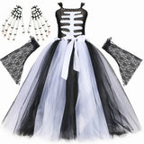 Halloween Skeleton Costume for Kids Girls Day of The Dead Carnival Dress Black White Scary Monster Devil Ghost Reaper Tutu Dress - www.sixcolors.us