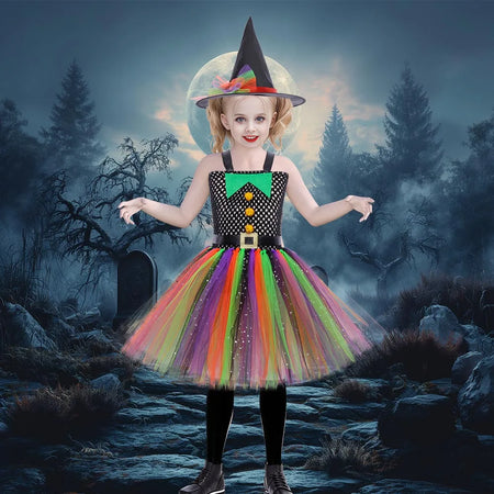 Colorful Witch Costume for Girls Halloween Fancy Dress Up Tutu Dresses Kids Carnival Party Dresses Children Rainbow Dress - www.sixcolors.us