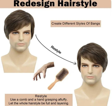 Mens Brown Wig Straight Short Mens Wig Realistic Natural Male Side Part Wigs for Halloween Men Man - www.sixcolors.us