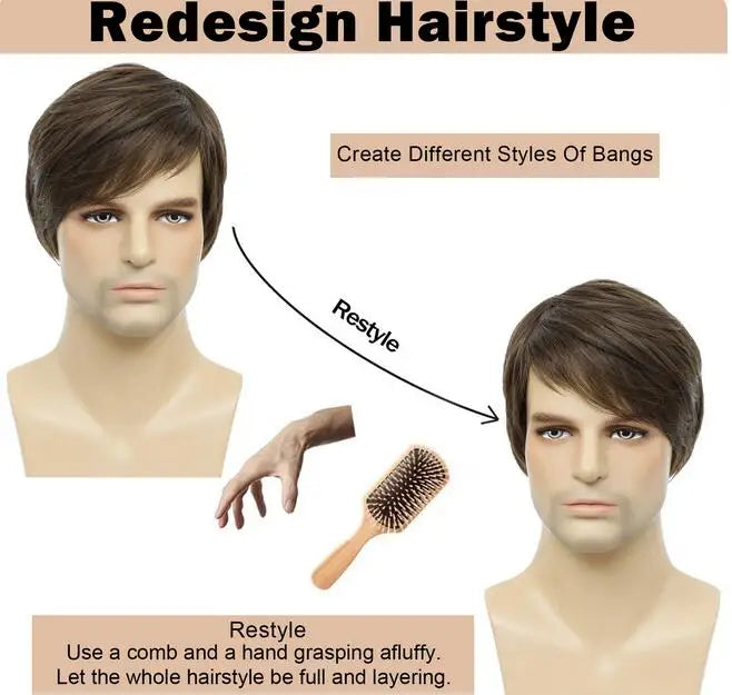 Mens Brown Wig Straight Short Mens Wig Realistic Natural Male Side Part Wigs for Halloween Men Man - www.sixcolors.us