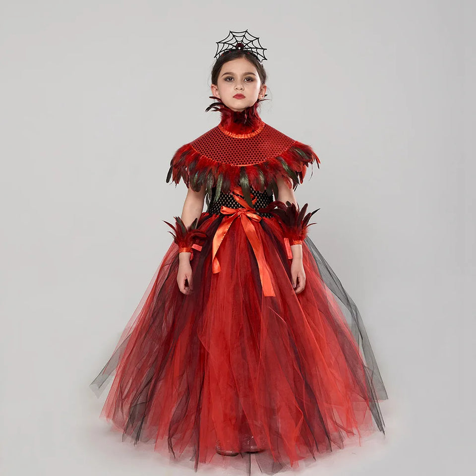 Baby Girls Gothic Demon Queen Vampire Role Playing Clothing Kid Spider Witch Tutu Long Dress Children Halloween Cosplay Costume - www.sixcolors.us