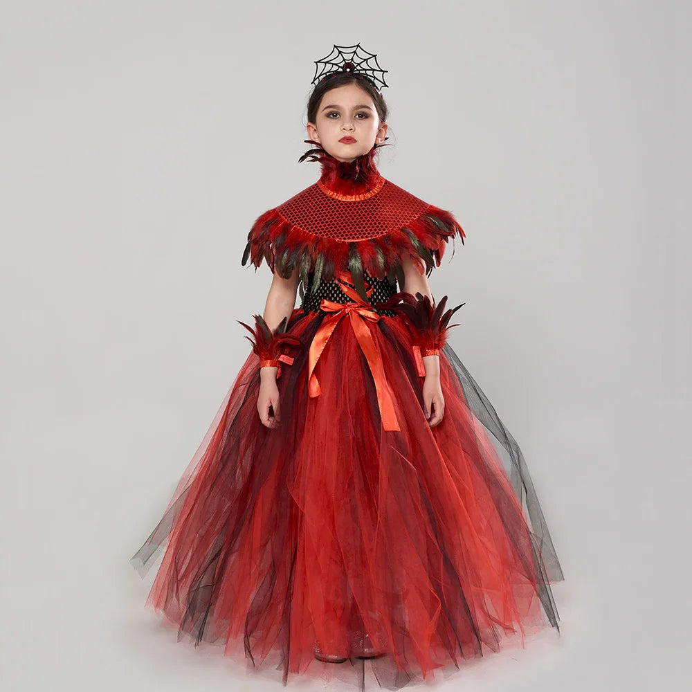 Baby Girls Gothic Demon Queen Vampire Role Playing Clothing Kid Spider Witch Tutu Long Dress Children Halloween Cosplay Costume - www.sixcolors.us