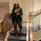 Plus Size Hollow Out Matching Set Women Solid Suit Jacket Female Winter Pencil Pant Lady Elegant Outfit Two Piece Pant Set - www.sixcolors.us