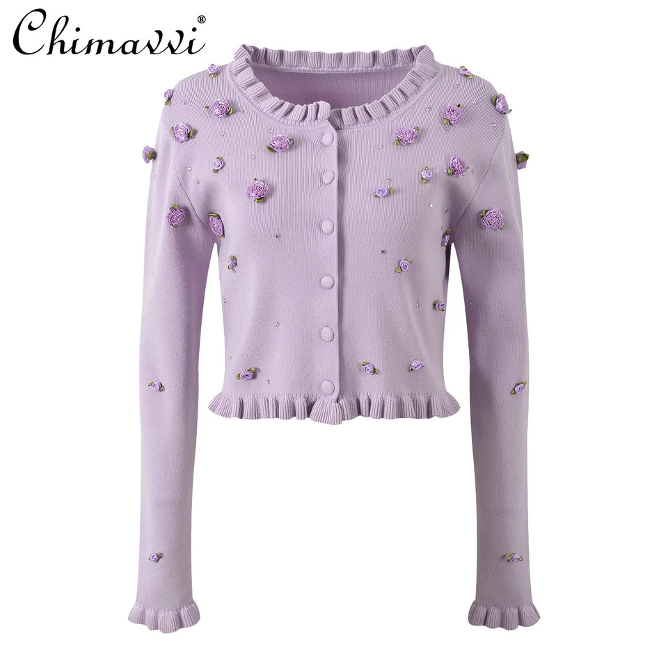 French 3D Flower Hot Diamond Fungus Edge Long-sleeved Knitted Cardigan Jacket Sexy Girl Slim Suspender Dress 2024 Autumn New