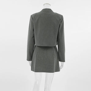 Elegant 2-Piece Set for Woman College Style Striped O-Neck Collar Long Sleeved Blazer Jacket A-Line Mini Pleated Mini Skirt Set