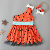 Halloween Toddler Kids Girls Boys Caveman Costume Dog Bones Historical Cavegirl Mesh Tulle Dress One-Shoulder Strap Party Outfit - www.sixcolors.us
