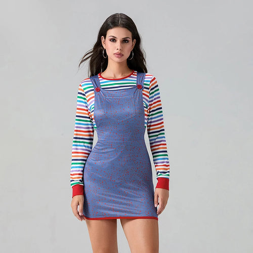 Party Halloween Creepy Killer Doll Costume for Women/Girl Rainbow Stripe Print Long Sleeve Tops with Suspender Dress 2 Pcs Set - www.sixcolors.us