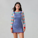 Party Halloween Creepy Killer Doll Costume for Women/Girl Rainbow Stripe Print Long Sleeve Tops with Suspender Dress 2 Pcs Set - www.sixcolors.us