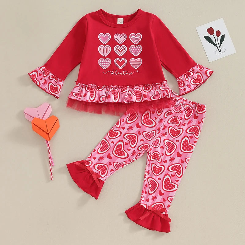 Toddler Baby Girls Valentine s Day Outfits Letter Heart Print Long Sleeve Tops Flare Pants 2 Piece Clothes Set