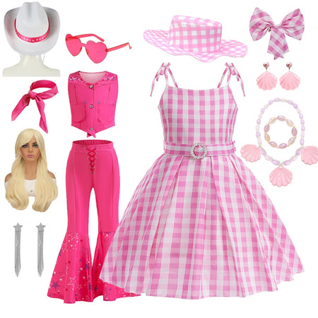 Movie Barbi Halloween Girls Cosplay Costume Party Bow Sleeveless Vintage Pink Plaid Dress Rose Street Punk Clothing Set 2-10Y - www.sixcolors.us