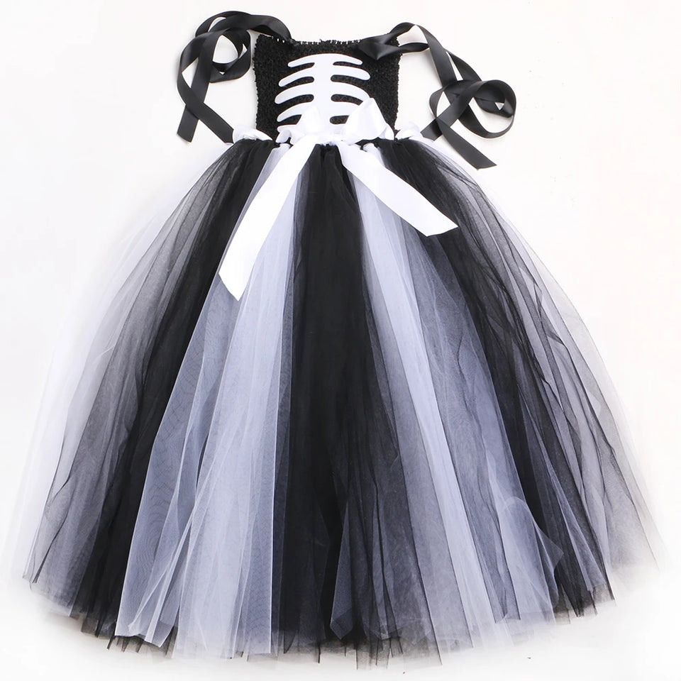 Halloween Skeleton Costume for Kids Girls Day of The Dead Carnival Dress Black White Scary Monster Devil Ghost Reaper Tutu Dress - www.sixcolors.us
