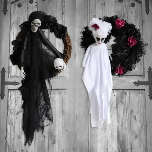 Halloween Hanging Decorative Skull Bride and Groom Wreath Scary Haunted House Prop for Indoor Outdoor Holiday Ornaments - www.sixcolors.us