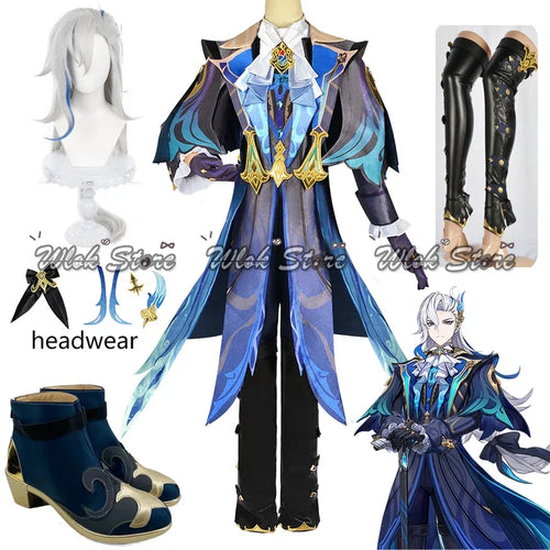 Genshin Impact Neuvillette Cosplay Costume with Leg Cover Fontaine Chief Justice Uniform Wig Boots Halloween Carnival Clothes - www.sixcolors.us