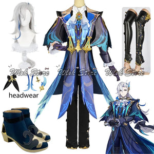 Genshin Impact Neuvillette Cosplay Costume with Leg Cover Fontaine Chief Justice Uniform Wig Boots Halloween Carnival Clothes - www.sixcolors.us