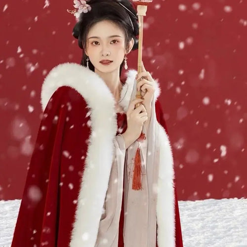 Long Cloak Hanfu Women's Antique Velvet Thickened Large Fur Collar Hooded Jacket Chinese Style Winter Cape E2624