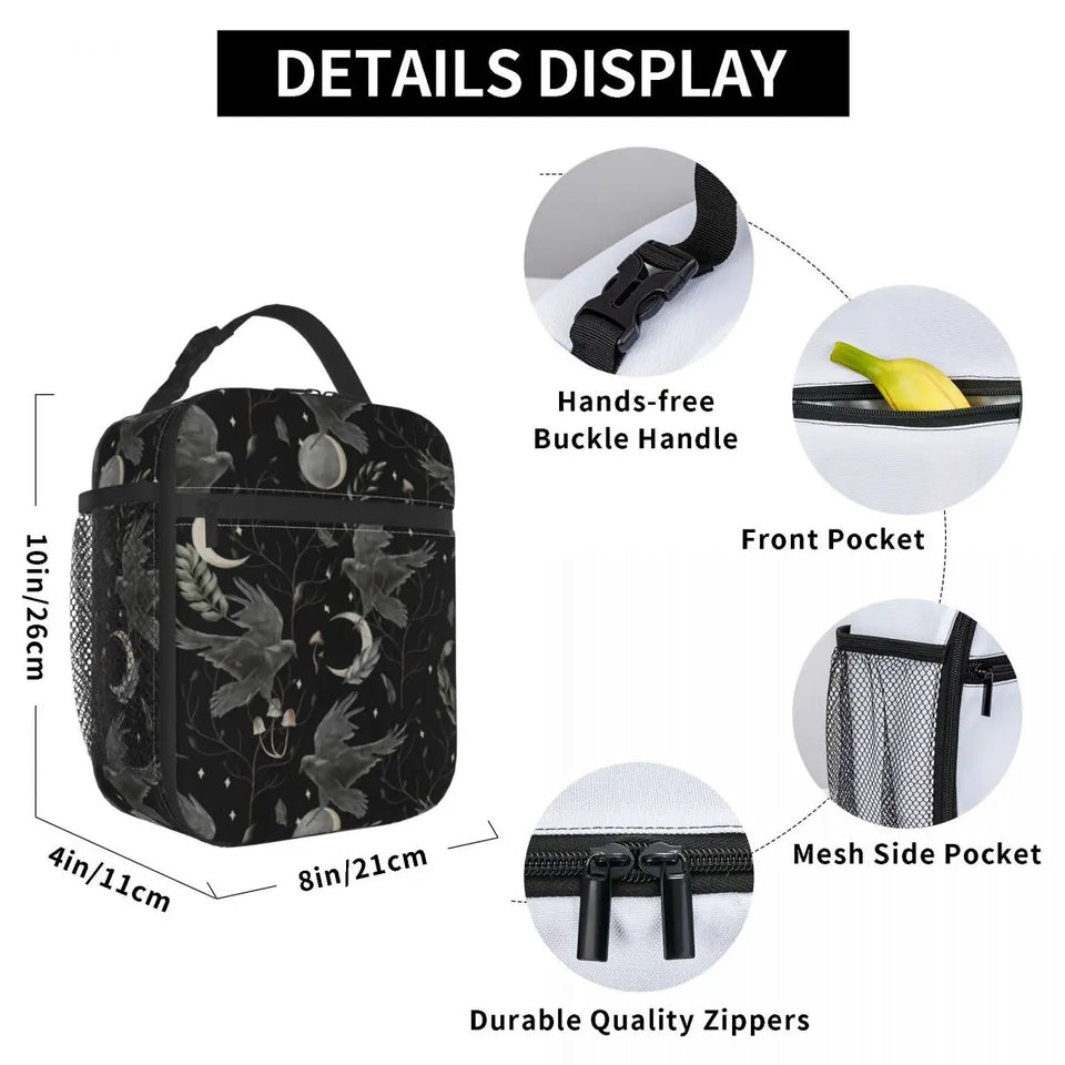 Crow Moon Insulated Lunch Bag for Camping Travel Halloween Spooky Witch Portable Thermal Cooler Bento Box Women Kids - www.sixcolors.us