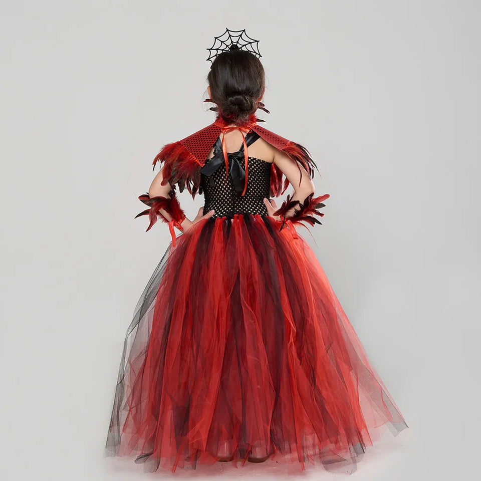 Baby Girls Gothic Demon Queen Vampire Role Playing Clothing Kid Spider Witch Tutu Long Dress Children Halloween Cosplay Costume - www.sixcolors.us