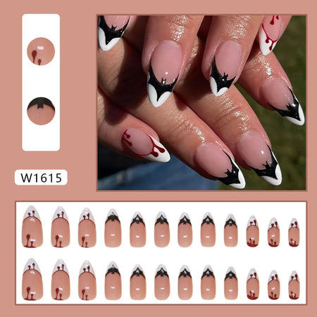 24pcs Halloween Bat Short Almond Removable Press on Nails Girls Cheap Acyrlic False Nails with Glue French Tip Black White Red - www.sixcolors.us