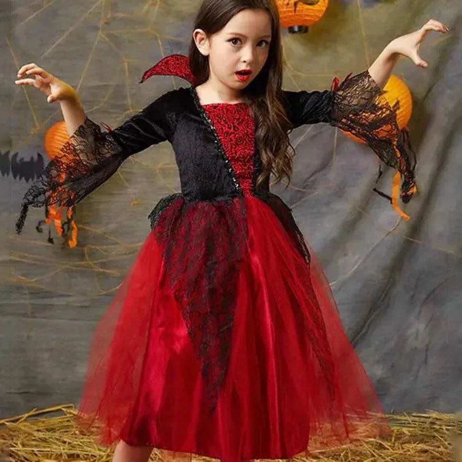 2024 Girls Cosplay Vampire Halloween Dress For Kids Ghost Bride Gothic Costume Count Vampiran Carnival Outfit Black Red Clothes - www.sixcolors.us