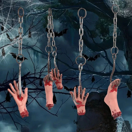 Halloween Iron Chains Hook Hand Feet Haunted House Horror Props Bloody Hands Feet Hanging Ornament Halloween Party Decoration - www.sixcolors.us