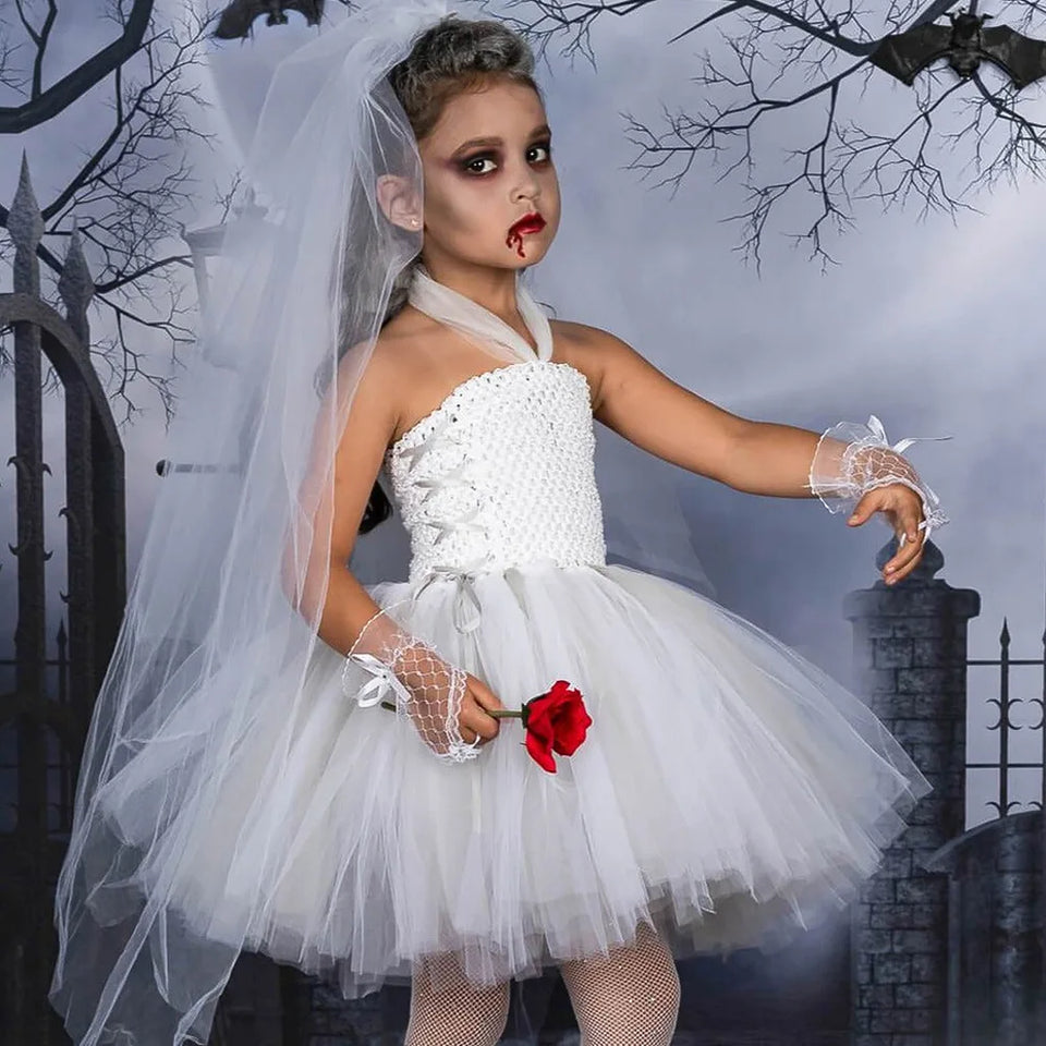 Elegant White Dress for Girl Ghost Bride Cosplay Outfit Tutu Prom Wedding Halloween Costume Mesh Fansy Clothes Children Fluffy - www.sixcolors.us
