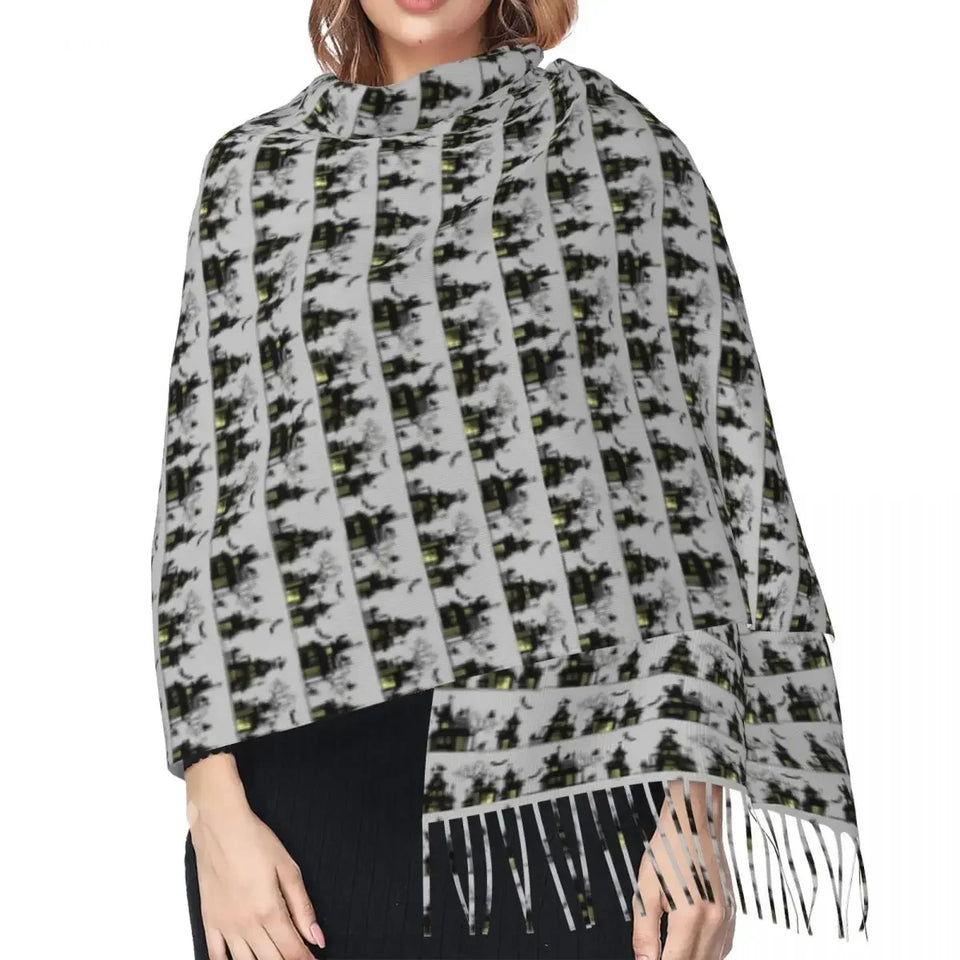 Halloween Haunted Mansion House Scarf Wrap Women Long Winter Fall Warm Tassel Shawl Unisex Ghost Fashion Versatile Scarves - www.sixcolors.us