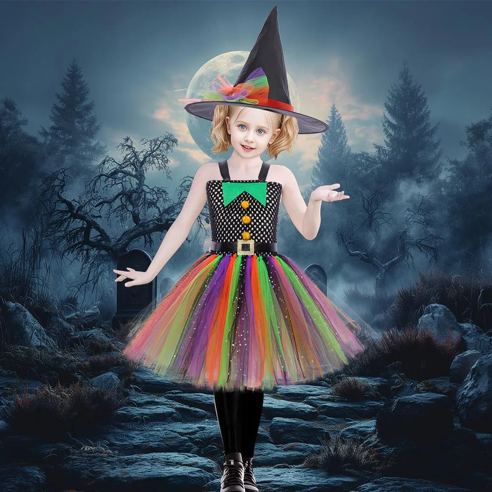 Colorful Witch Costume for Girls Halloween Fancy Dress Up Tutu Dresses Kids Carnival Party Dresses Children Rainbow Dress - www.sixcolors.us