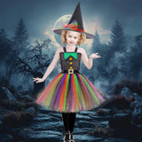 Colorful Witch Costume for Girls Halloween Fancy Dress Up Tutu Dresses Kids Carnival Party Dresses Children Rainbow Dress - www.sixcolors.us