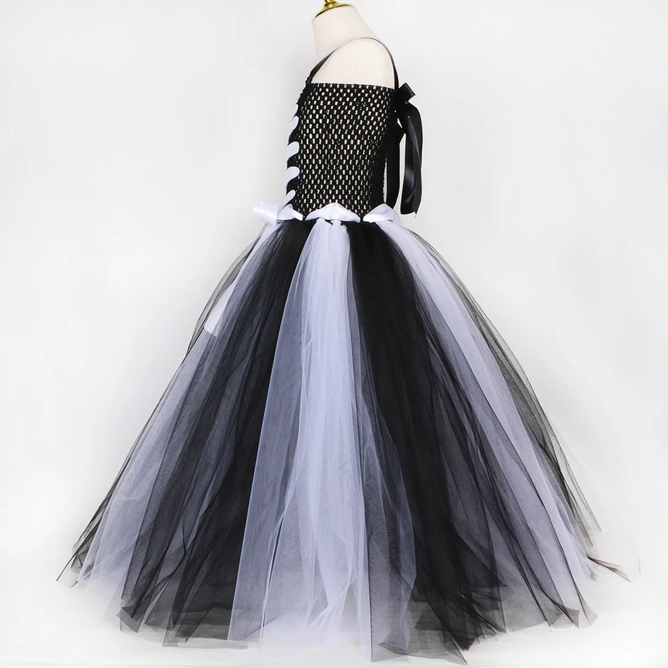 Halloween Skeleton Costume for Kids Girls Day of The Dead Carnival Dress Black White Scary Monster Devil Ghost Reaper Tutu Dress - www.sixcolors.us