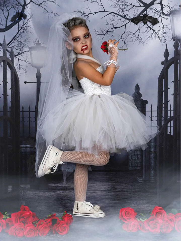 Elegant White Dress for Girl Ghost Bride Cosplay Outfit Tutu Prom Wedding Halloween Costume Mesh Fansy Clothes Children Fluffy - www.sixcolors.us