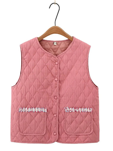 Plus Size Women's Clothing Spring And Autumn Vest Collarless And Sleeveless Solid Color Diamond Check Quilted Lightweight Jacket - www.sixcolors.us