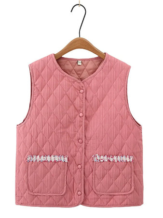 Plus Size Women's Clothing Spring And Autumn Vest Collarless And Sleeveless Solid Color Diamond Check Quilted Lightweight Jacket - www.sixcolors.us