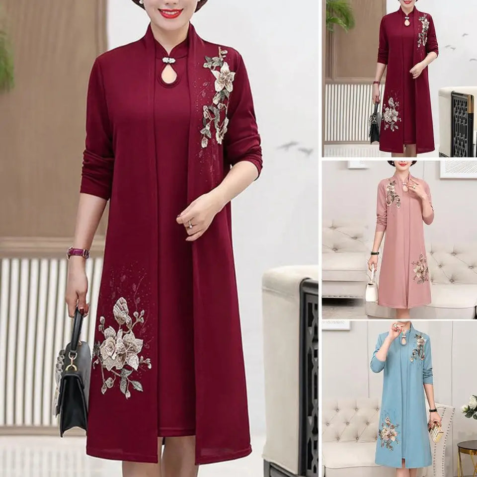 Women Dress Coat Suit Spring Fall Middle-age Ladies Female Open Front Long Cardigan O Neck Sleeveless Overcoat Jacket Dress Kit