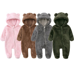 2024 Baby Winter Thick Romper Cotton Warm Long Sleeve Girl Jumpsuit Clothes 0-24M Newborn Boy Bear Fleece Hooded Pyjamas