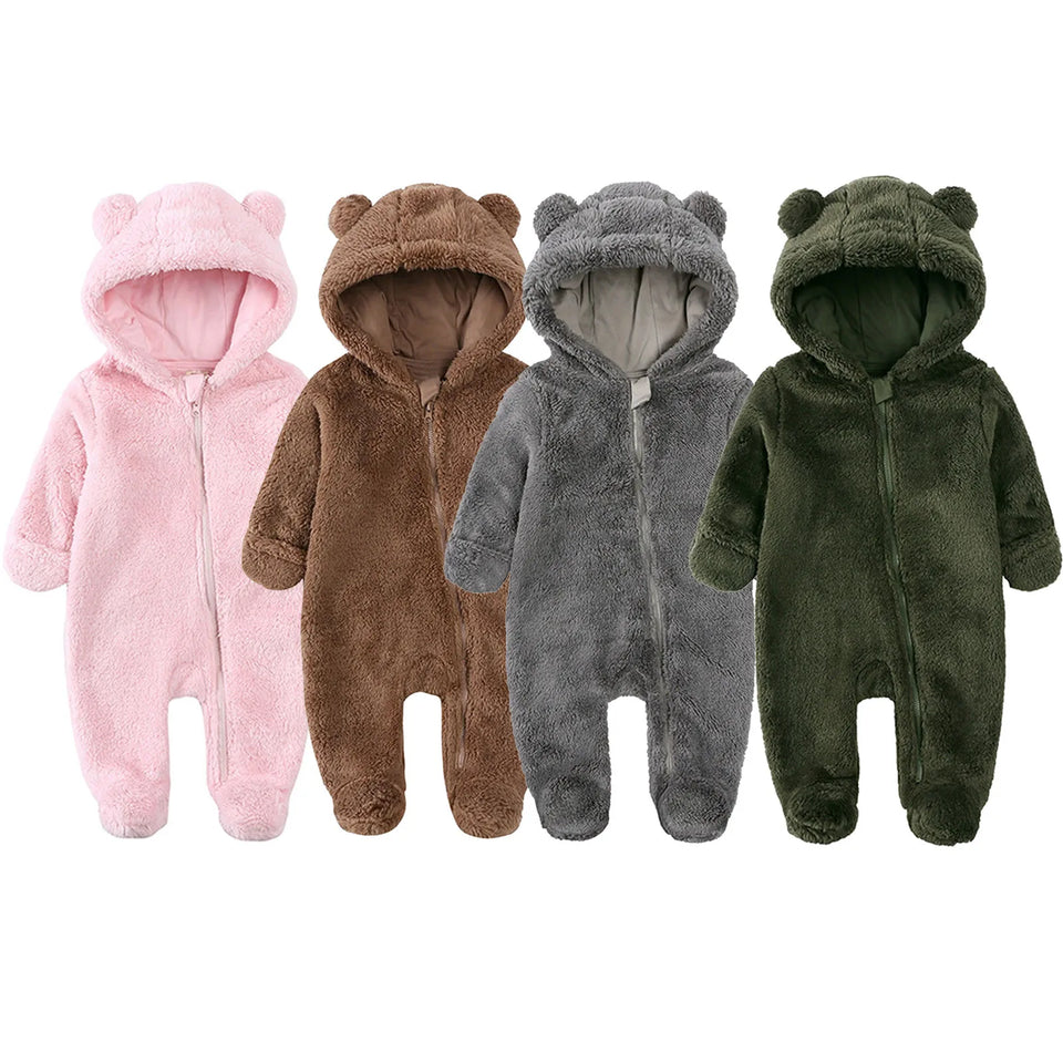 2024 Baby Winter Thick Romper Cotton Warm Long Sleeve Girl Jumpsuit Clothes 0-24M Newborn Boy Bear Fleece Hooded Pyjamas
