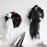 Halloween Hanging Decorative Skull Bride and Groom Wreath Scary Haunted House Prop for Indoor Outdoor Holiday Ornaments - www.sixcolors.us