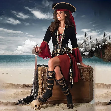 Halloween Women Costume Sets Masquerade Red Pirate cos Captain Jack Adult Female Pirates of the Caribbean Performance Clothes - www.sixcolors.us